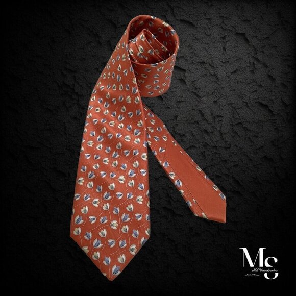 ITALO FERRETTI Orange Floral Silk Tie Hand Made In Italy W:...